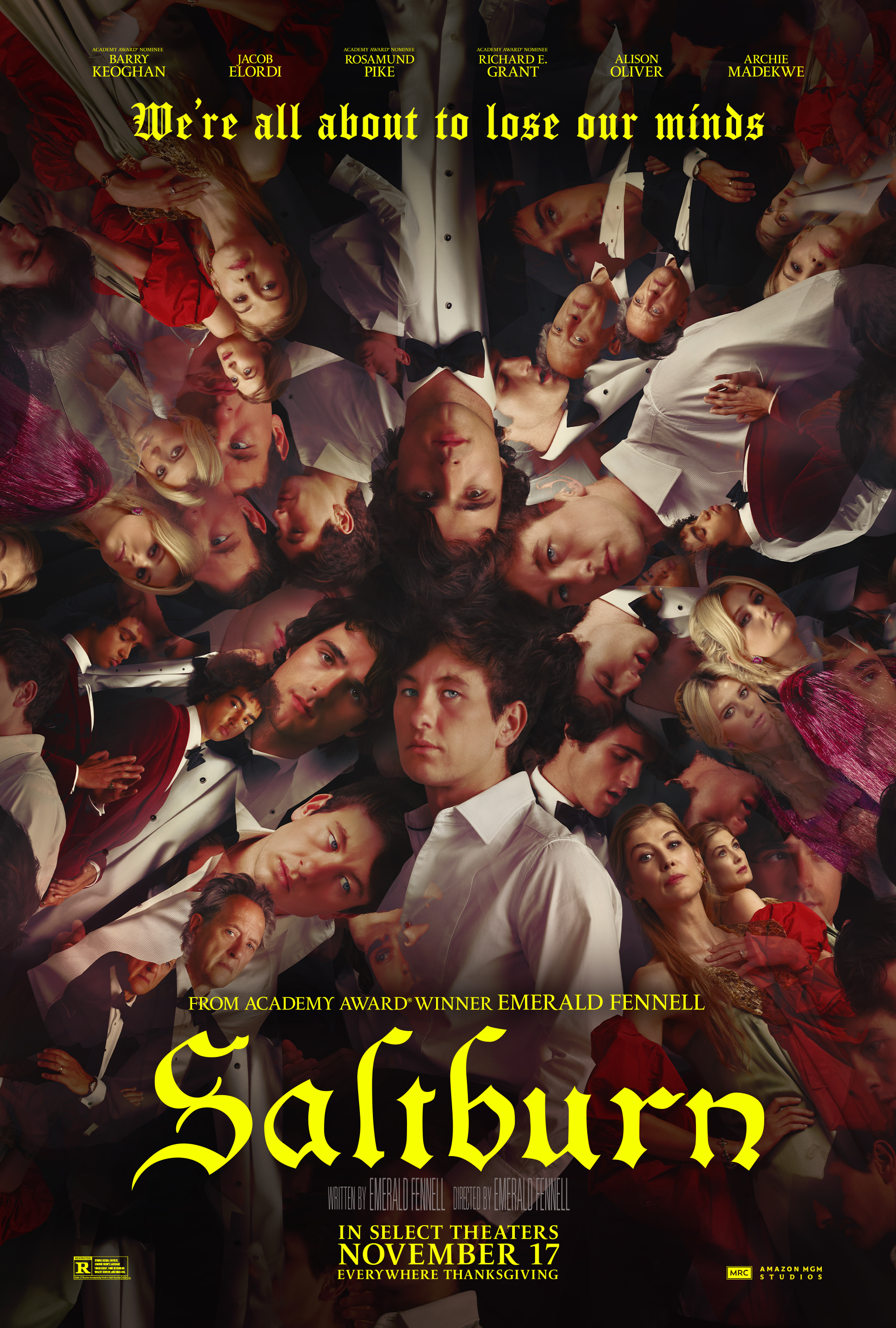 A kaleidoscope of portraits with the title, "Saltburn" in yellow at the bottom