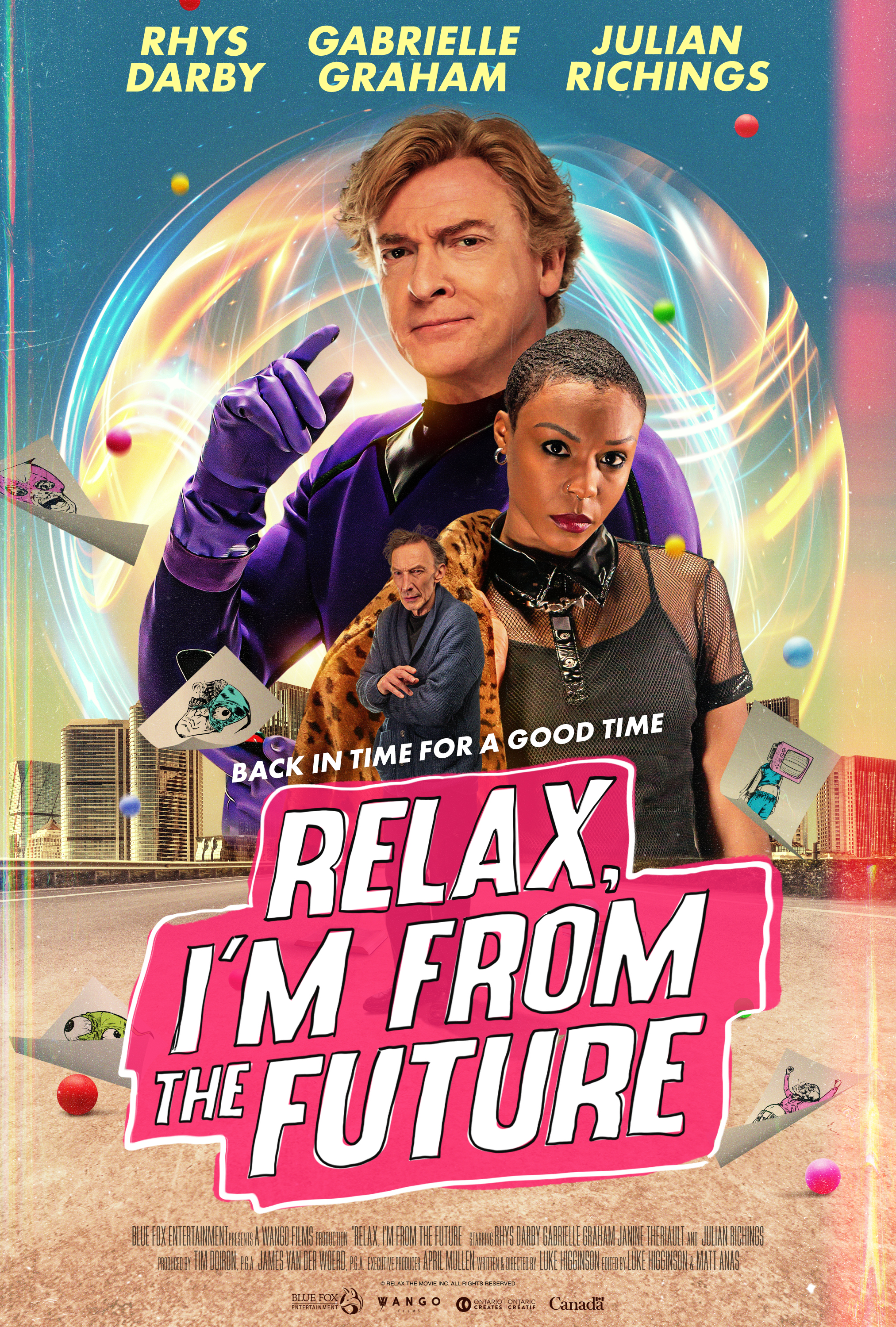 Colorful sci-fi background with three figures in the front, with the title reading "Relax, I'm from the future,"