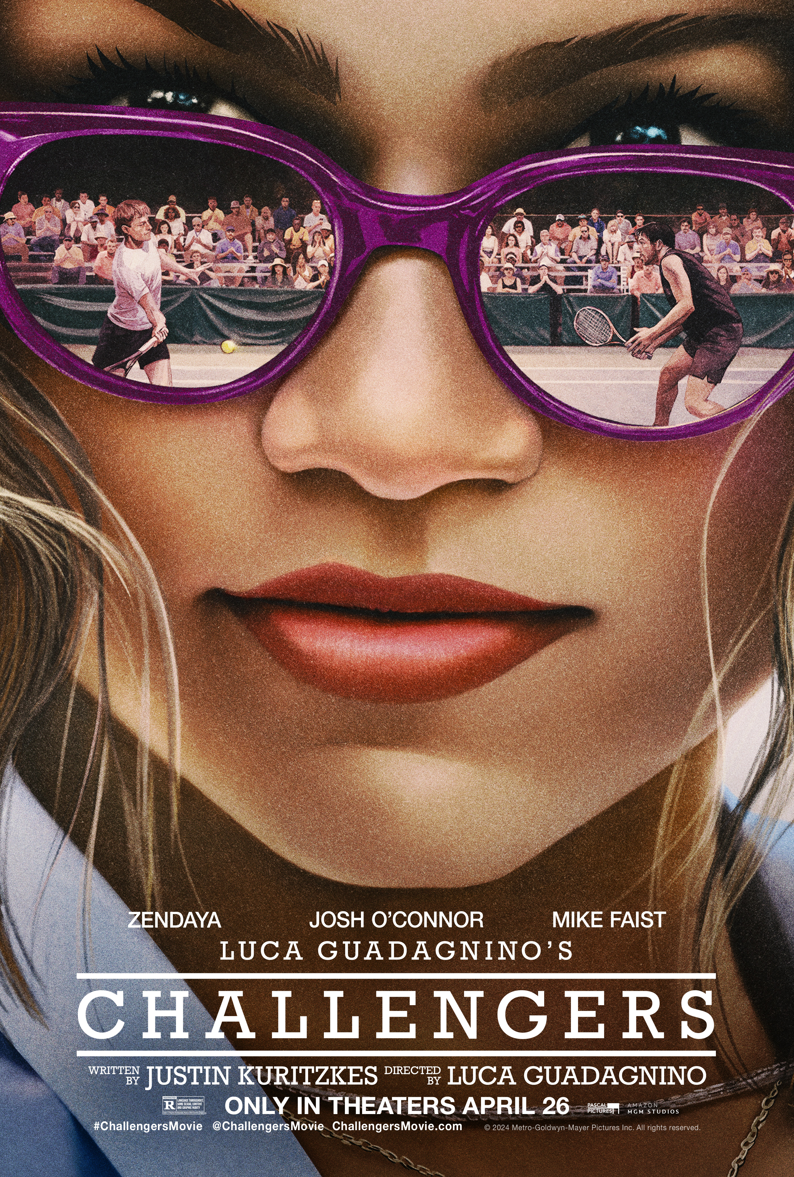 An artistic rendering of Zendaya with reflective sunglasses. In the sunglasses' reflection are two men playing tennis. "CHALLENGERS" reads in white text at the bottom.