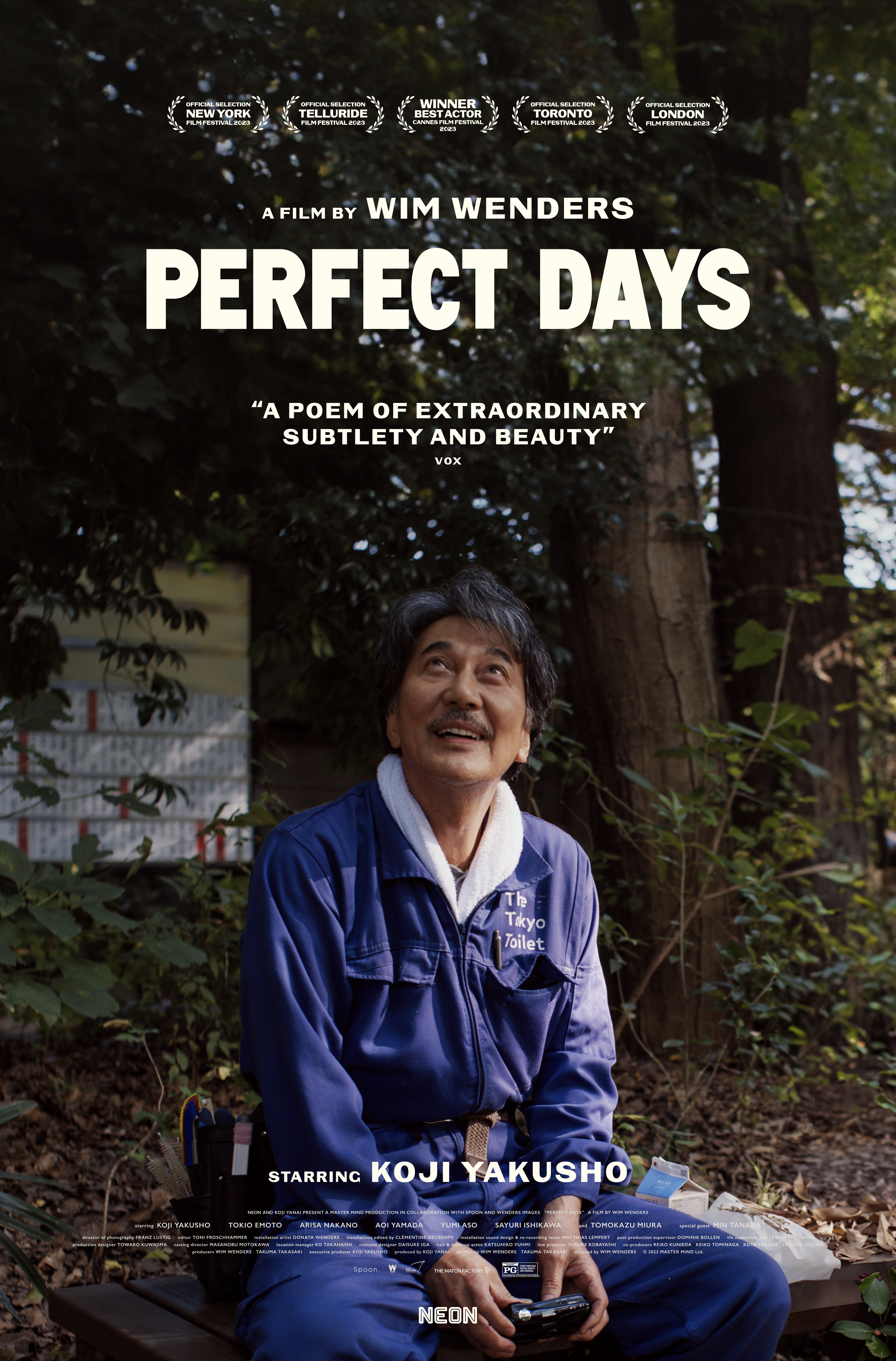 A photo of a Japanese man sitting under a tree, as he looks up smiling. The title, "Perfect Days