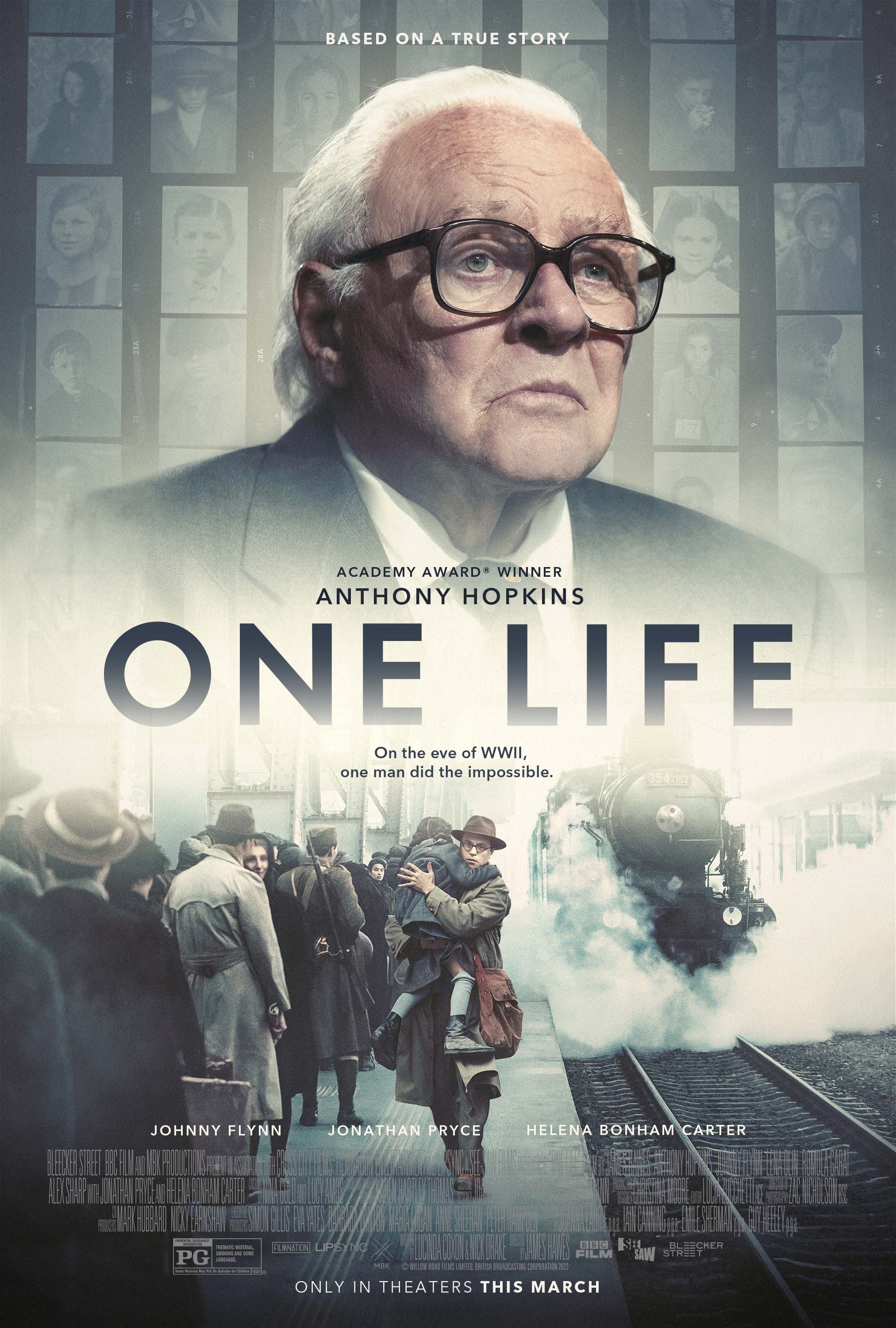 A portrait of Anthony Hopkins with the title, "One Life" in the middle. Undeneath the image is a man carrying a child with a steam engine train arriving.
